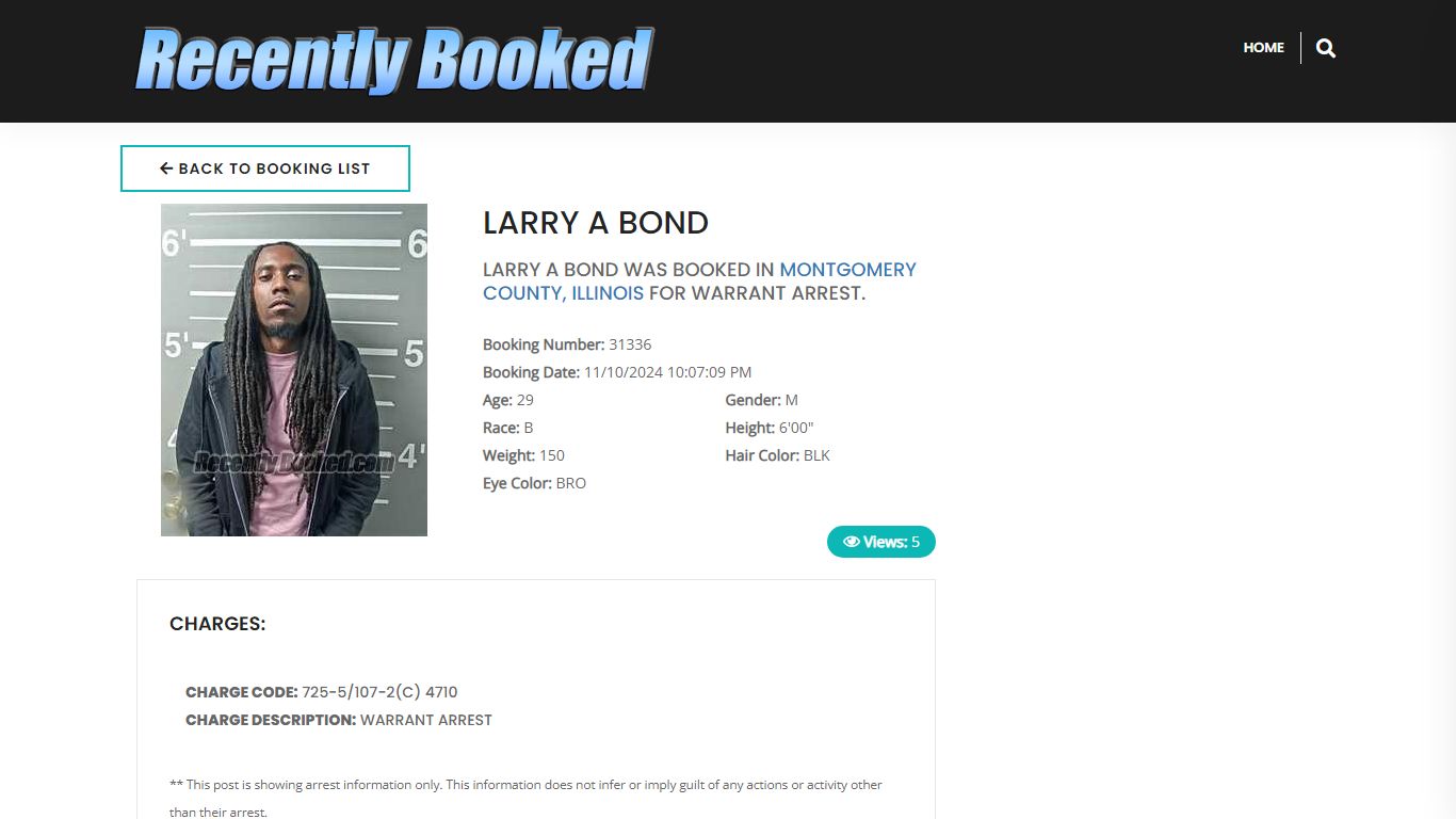 Recent Booking / Mugshot for LARRY A BOND in Montgomery County, Illinois